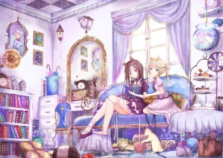 Girls room - stuff, couple, cat, girl, sofa, room, kinom, cake, purple, pink, blue, anime, sweet, lilac, manga