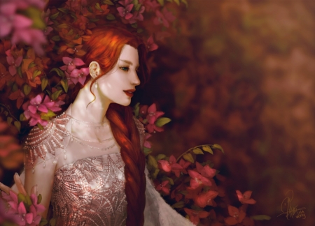 Cassandra - portrait, girl, flower, pink, inawong, fantasy, redhead, red, woman, cassandra, luminos