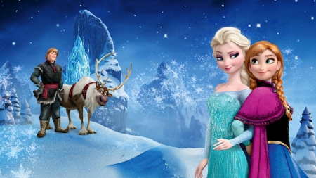 Frozen (2013) - animation, frozen, blonde, girl, white, fantasy, movie, elsa, snow queen, winter, pink, reindeer, anna, blue, sister, disney, snow, man