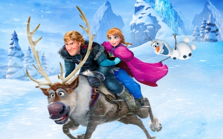 Frozen (2013) - snowman, princess, anna, movie, winter, animation, olaf, reindeer, pink, blue, snow, disney, animal, gustav, frozen