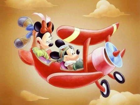 Mickey and Minnie Mouse - airplane, mickey mouse, minnie, funny, red, orange, disney