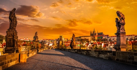 Prague, Charles Bridge at Sunset - colors, czech Republic, buildings, sky