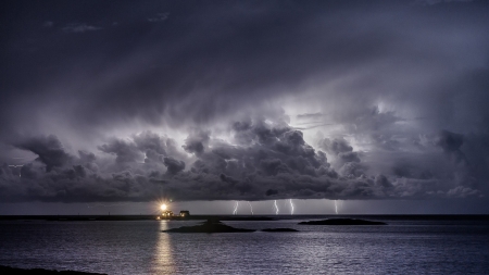 gray lightning storm offshore - lighthouse, clouds, lightning, sea, gray, storm