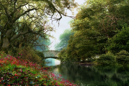 Forest River - flowers, trees, blossoms, water, bridge