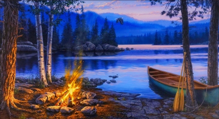 Lake crescent lodge - summer, boat, evening, island, picnic, night, reflection, mountain, calmness, crescent, fire, lodge, lake, art, beautiful, painting, serenity, dusk, peaceful