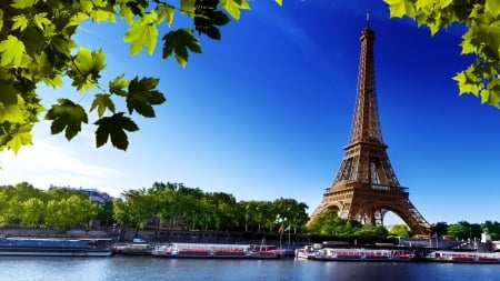 tour boats on the seine by the eifel tower - sky, trees, boats, river, tower