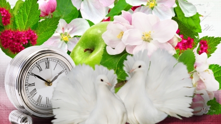 Peace Time - flowers, summer, time, spring, clock, peaceful, apple, doves