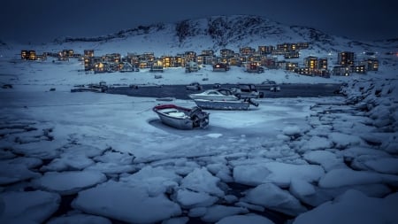 bayside town ijn a long night hdr - town, winter, bay, boats, night, hdr