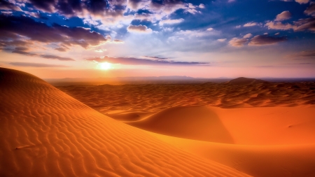 Sunset in the Desert - sky, clouds, dunes, desert, sunset, nature