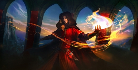 Mage - sorceress, game, fantasy, mage, fire, red, magical, art