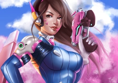 D.Va - pink, overwatch, game, gun, girl, blue, art, d va, fantasy, tracer