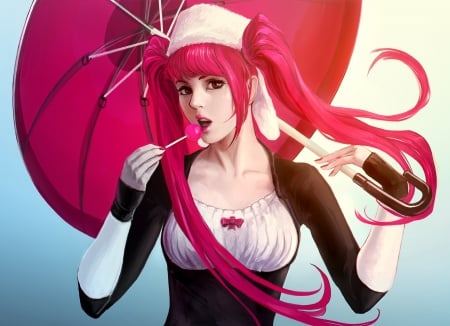 Dokugamine Riruka - anime, girl, pink, romaniacc, dokugamine riruka, black, manga, white, umbrella, lollipop, art, candy