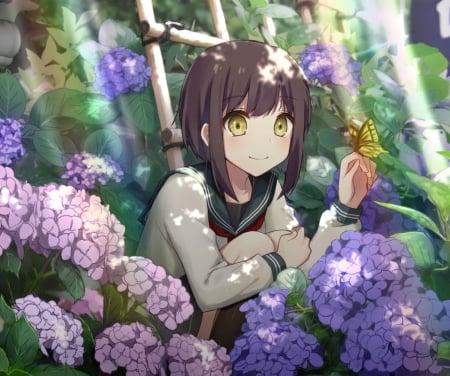 Wander - flower, purple, pink, anime, girl, manga, butterfly, tadaomi, hand, hydrangea, green