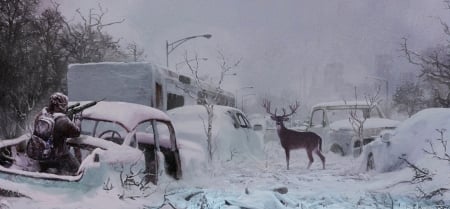 Dystopia - apocalypse, hunting, broken down, survival, dystopia, cars, post apocalyptic, deer, fantasy, ruins, rifle, snow, city, architecture, abandoned