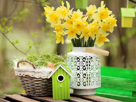 Still life - daffodil, spring flowers, basket, nest