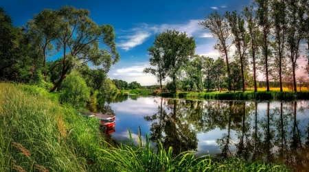 Serenity - trees, summer, pond, beautiful, boat, tranquil, grass, reflection, serenity, lake, sky