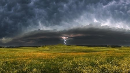 lightning strike over fields - fields, lightning, clouds, storm