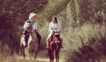 Newlyweds... - style, girls, western, wedding, cowboy, women, models, ranch, outdoors, horses, brunettes, cowgirl, fun, female, boots, fashion