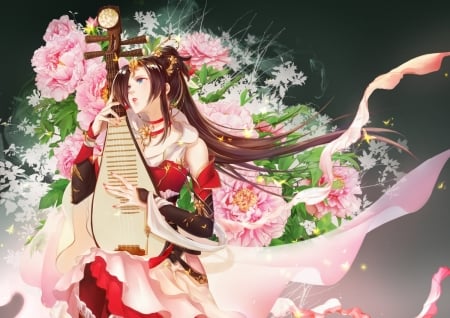 Oriental Wind - girl, japan, music, long hair, oriental, japanese, flowers, orginal