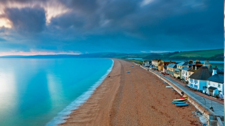 lovely beach town in england - town, turqoise, clouds, beach, sea