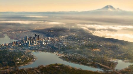 extreme aerial view of seattle - aerial, focus, view, skyscrapers, city