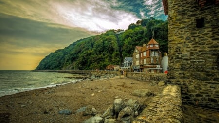 british coastal village hdr - village, hill, trees, coast, beach, hdr, sea, wall