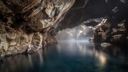 river inside a rock cave - cave, mist, rocks, river