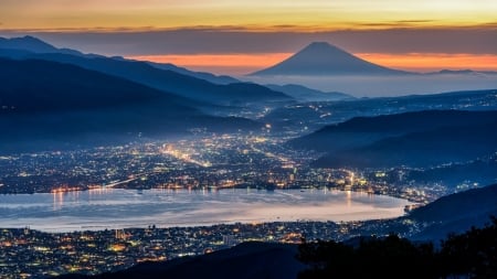 mt fuji in the background of a city at dusk - volcano, lights, panorama, dusk, city, mountain