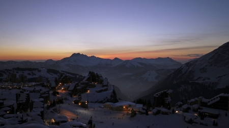 sleepy mountain town on a wintry dawn - town, lights, winter, mountain, dawn