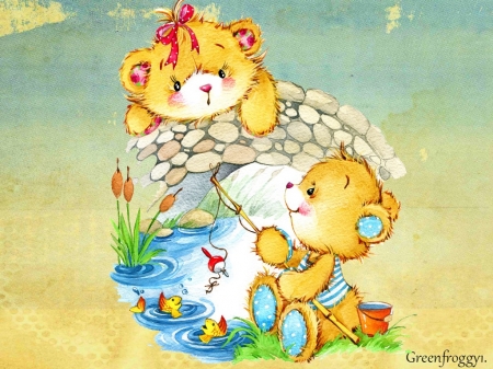 GONE FISHING - CUTE, TEDDIES, TWO, CREATION