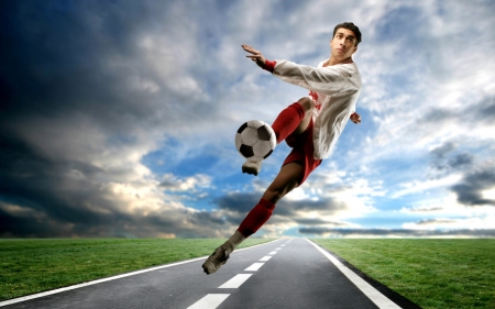 soccer - man, ball, grass, road, soccer