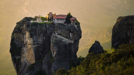 cliff top monastery in greece - valley, monastery, cliff, mountains, rocks