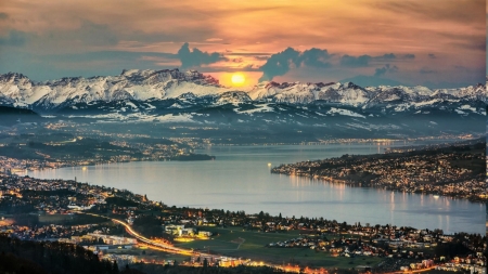 sunset over panoramic lake zurich - lake, towns, panorama, mountains, sunset