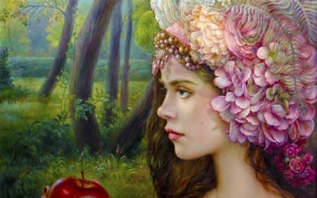 Pretty Face - woman, hairdress, girl, fantasy, painting, face, art, pretty, flowers in hair, fine, beautiful, digital