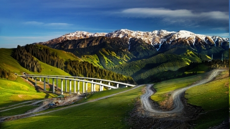 highway tunnels through mountains - highway, bridges, tunnels, grass, mountains