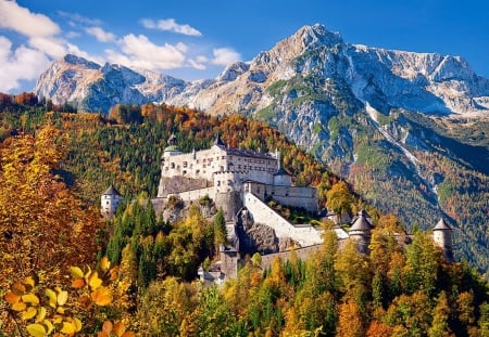 Fortress Hohenwerfen, Austria - clouds, trees, nature, landscape, mountains, sky, building