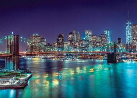 New York by Night - usa, harbor, city, houses, buildings, bridge