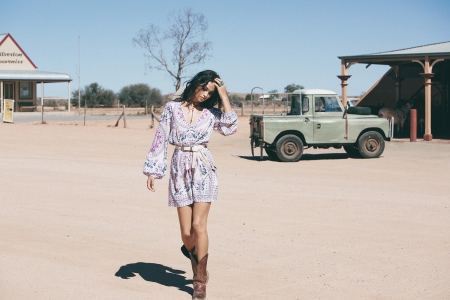 Cowgirl ~ Shanina Shaik - trees, boots, dress, buildings, truck, cowgirl, Shanina Shaik, dirt, brunette