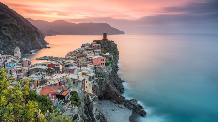 seaside italian village on a point - village, sunset, point, cliff, sea