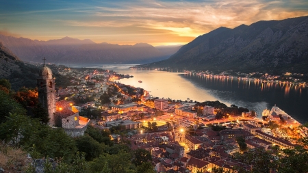 lovely coastal town of kotor in montenegro - town, lights, coast, church, sunset, mountain