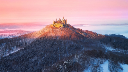 hilltop hohenzollern castle germany in winter - hill, trees, winter, sunshine, castle