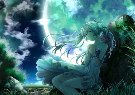 Hatsune Miku - hatsune miku, moon, girl, night, mariwai, vocaloid, luminos, blue, green, luna