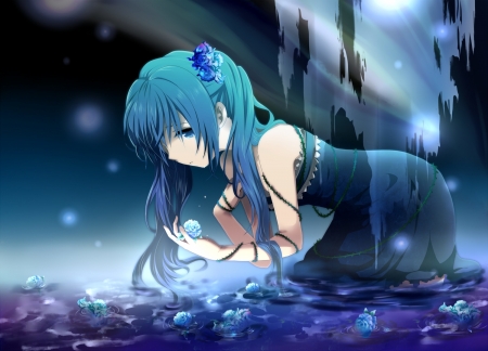 Hatsune Miku - hatsune miku, girl, rose, mariwai, purple, blue, anime, flower, manga