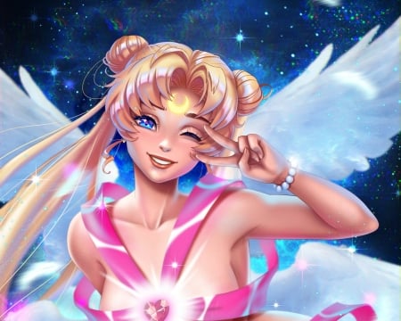 Moon prism powe, make up! - pink, moon prism power make up, anime, serenity, girl, blue, manga, wings, white, sailor moon, prywinko, luminos, angel