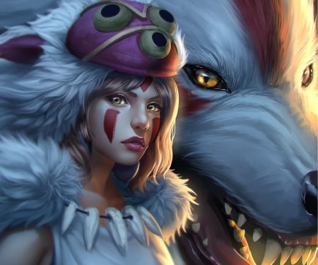 Princess Mononoke - red, purple, beauty, yellow, princess mononoke, frumusete, eyes, blue, hime, art, white, wolf, fantasy, luminos