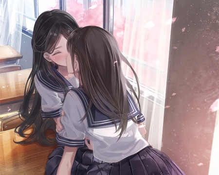 Blushing Kiss - Tenderness, Lesbian, Blushing, School Desk, Kiss, Anime, Anime Couple, Yuri, Long Hair, Eyes Closed, Seifuku, Black Hair, Anime Lovers, Lovers, Anime Girls, School Uniform, Couple