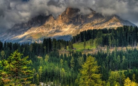 Cloudy Mountains - clouds, trees, landscape, forest, rocks, sky