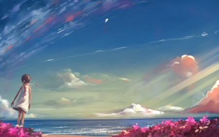 anime sky - sky, pink, flowers, anime, ocean, girl, blue