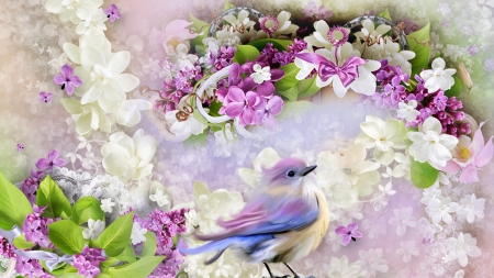 Lilac Lovely - lilacs, dainty, summer, lavender, firefox persona theme, spring, plumeria, bird