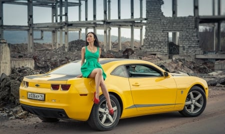 Heels Of Red - green dress, outdoors, yellow, model